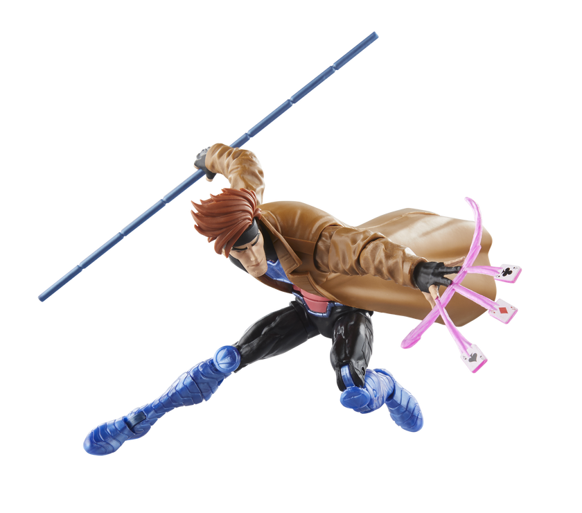 Hasbro Marvel Legends Gambit action figure in dynamic pose with bo staff and energy-charged cards accessory.