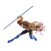 Hasbro Marvel Legends Gambit action figure in dynamic pose with bo staff and energy-charged cards accessory.