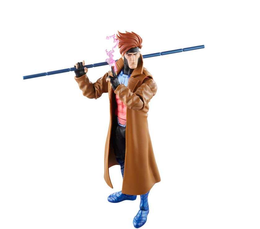 Hasbro Gambit action figure from Marvel Legends X-Men 97 series holding a bo staff and glowing cards