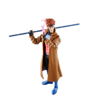 Hasbro Gambit action figure from Marvel Legends X-Men 97 series holding a bo staff and glowing cards
