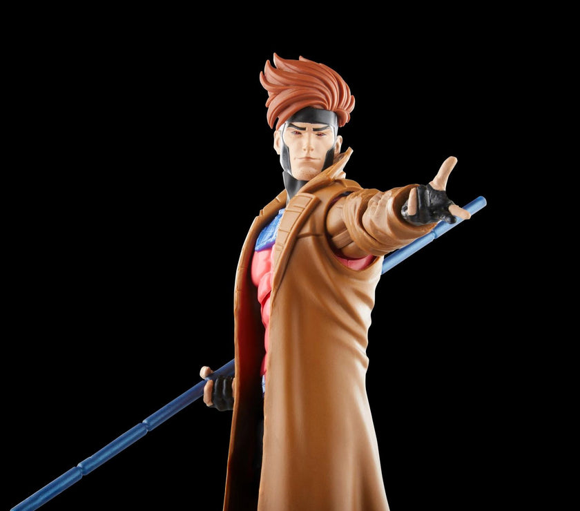 Hasbro Gambit Marvel Legends 6-inch action figure from X-Men 97 with trench coat and bo staff on black background