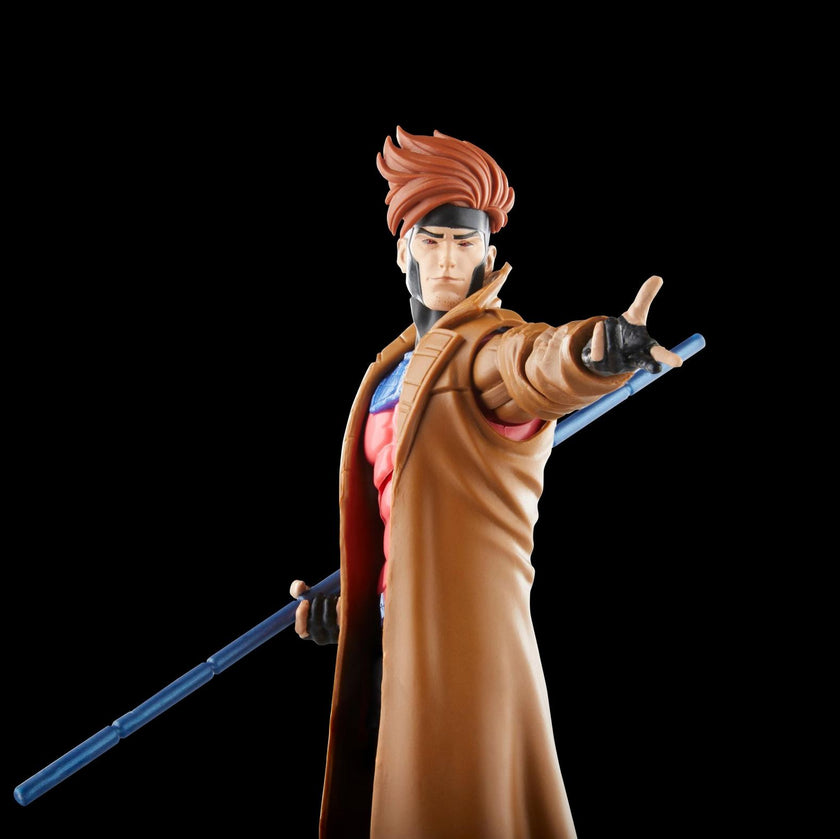 Hasbro Gambit Marvel Legends 6-inch action figure from X-Men 97 with trench coat and bo staff on black background