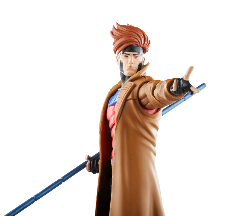 Hasbro Gambit action figure from Marvel Legends series, 6-inch scale, detailed and articulated pose with staff accessory.