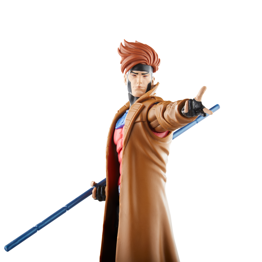 Hasbro Gambit action figure from Marvel Legends series, 6-inch scale, detailed and articulated pose with staff accessory.
