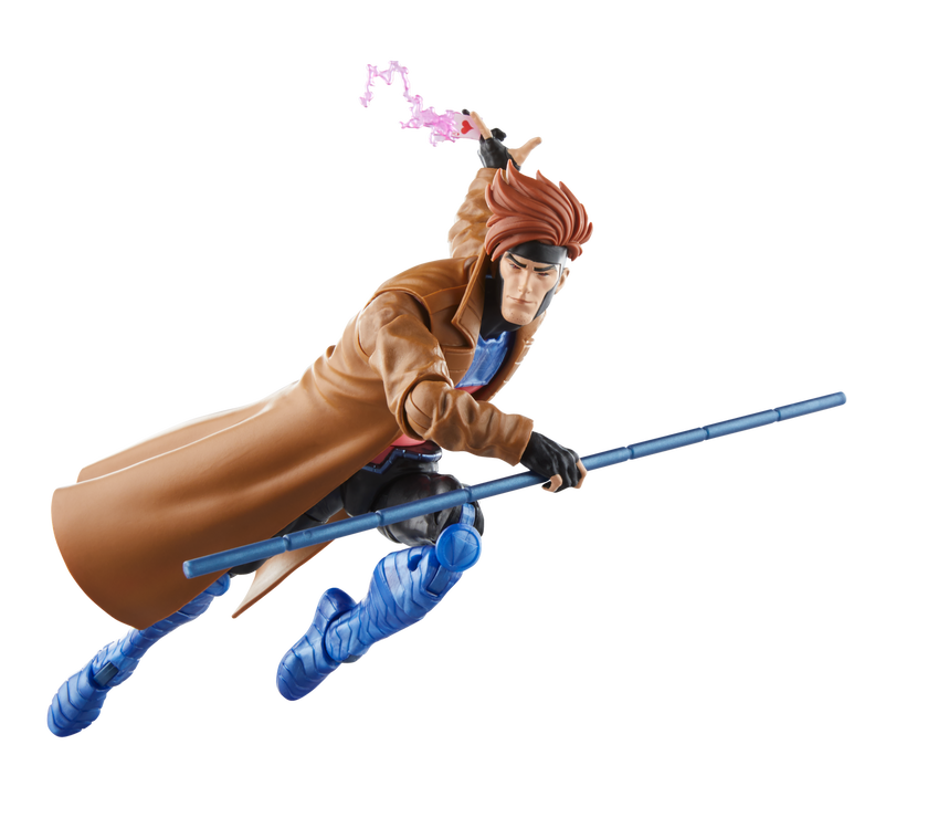 Hasbro Gambit Marvel Legends 6 inch action figure in dynamic pose with bo staff and trench coat from X-Men 97 series
