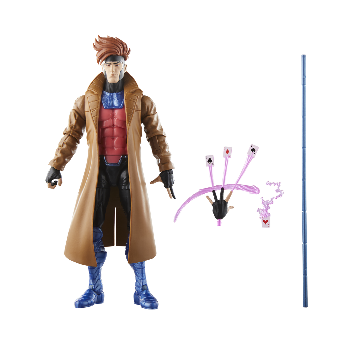 Hasbro Marvel Legends 6-inch Gambit action figure with trench coat, accessories, and staff from X-Men 97 series
