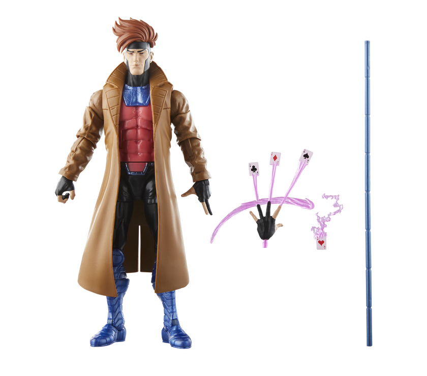 Hasbro Marvel Legends 6-inch Gambit action figure with trench coat, accessories, and staff from X-Men 97 series