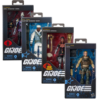 Four boxed G.I. Joe Classified Series action figures featuring Snake Eyes, Iceberg, Mistress Armada, and Duke