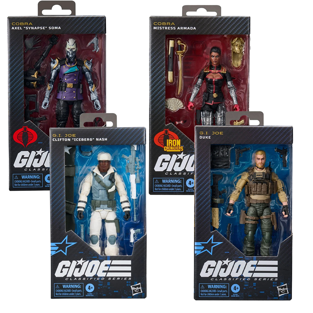 Four GI Joe Classified Series action figures in Cobra and GI Joe packaging