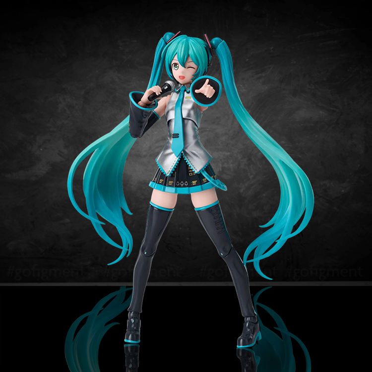 Blokees Hatsune Miku figure model kit with teal twin tails and dynamic pose holding a microphone on black background