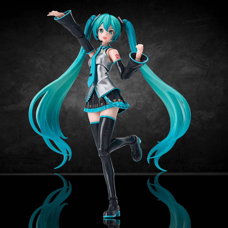 Blokees Hatsune Miku Official Outfit Model Kit figure with teal twintails and dynamic pose on black background