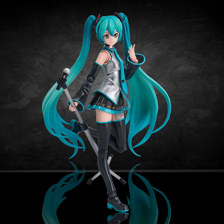 Hatsune Miku figure model kit by Blokees with teal twintails and dynamic pose on reflective surface
