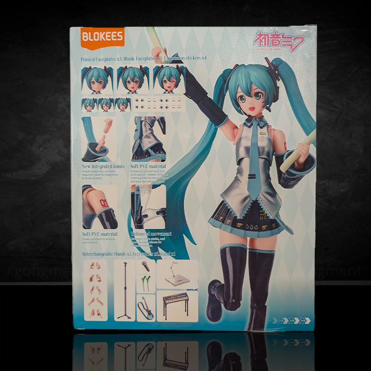 Blokees Hatsune Miku model kit with multiple faceplates, accessories, and soft PVC for easy assembly and dynamic poses.