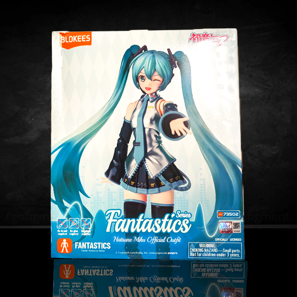 Hatsune Miku Official Outfit model kit by Blokees with iconic teal twintails and dynamic pose options.