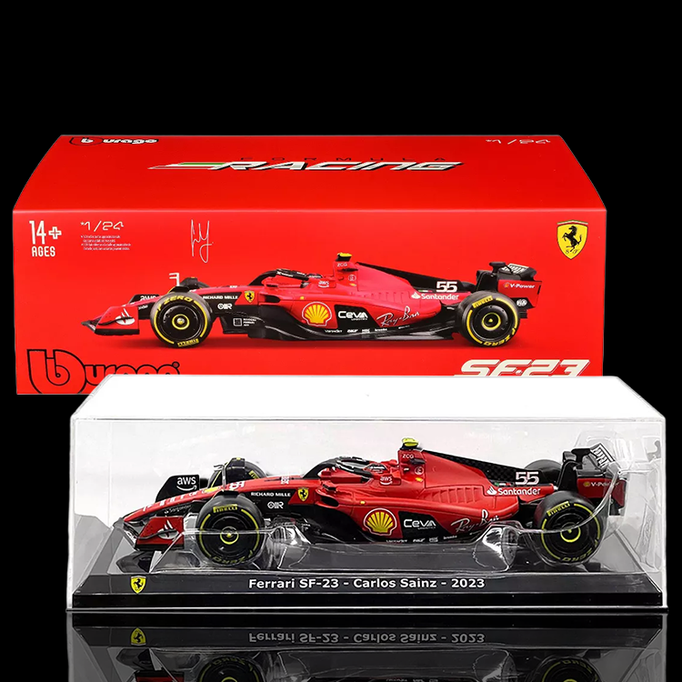 Bburago 1:43 scale die-cast Ferrari SF-23 model with Carlos Sainz helmet in display case with red box