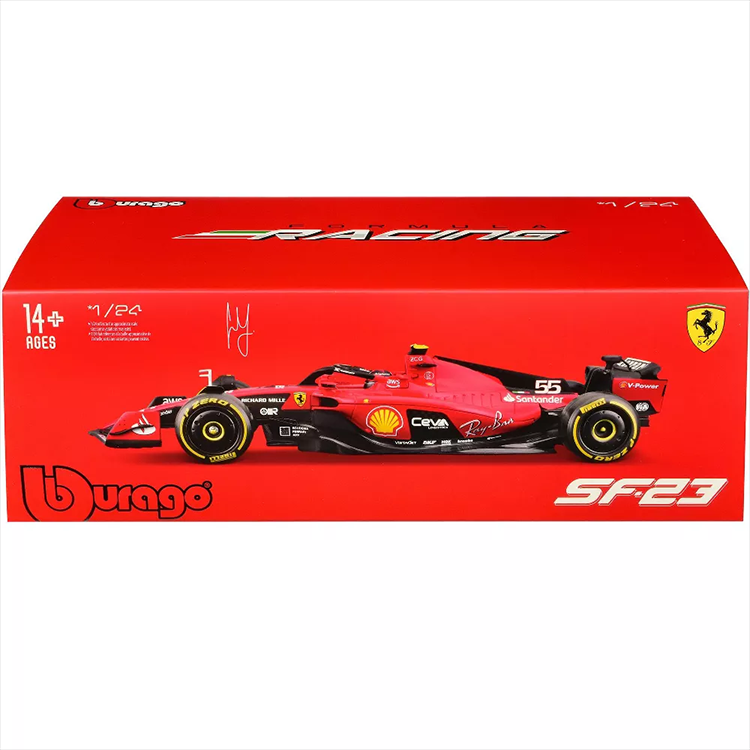 Bburago 1:24 scale model of Ferrari SF-23 Formula 1 race car with Carlos Sainz livery in red packaging