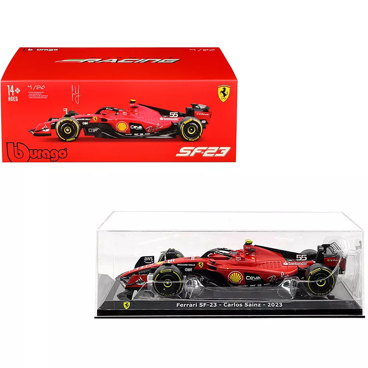 Bburago 1:43 scale model of Ferrari SF-23 Formula 1 car driven by Carlos Sainz 2023 in display case