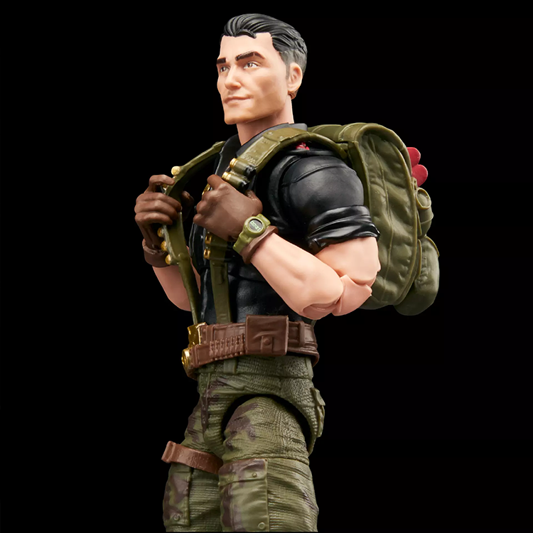 G.I. Joe Classified Series Flint 6-inch action figure with tactical gear and green backpack on black background