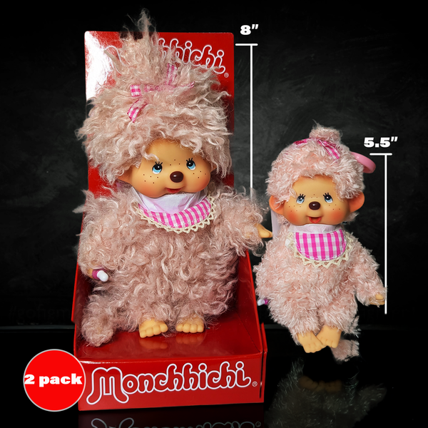 8" Large Monchhichi Doll - Fluffy Pink Girl and Pink Mascot - BUNDLE Authentic Monkey Plush, NWT