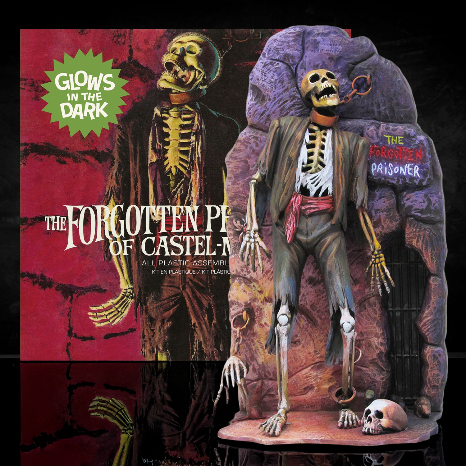 Atlantis Models Forgotten Prisoner of Castel-Mare Glow in the Dark Edition collectible figure with prison backdrop and glowing skeleton