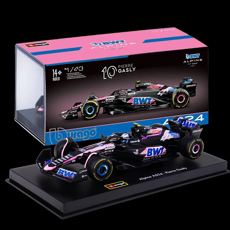 Bburago 1:43 scale die-cast model of Alpine A524 Formula 1 car driven by Pierre Gasly with authentic livery and helmet.