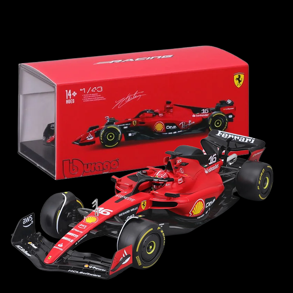 Bburago 1:43 scale die-cast metal Ferrari SF-23 Formula 1 car with Charles Leclerc helmet display model