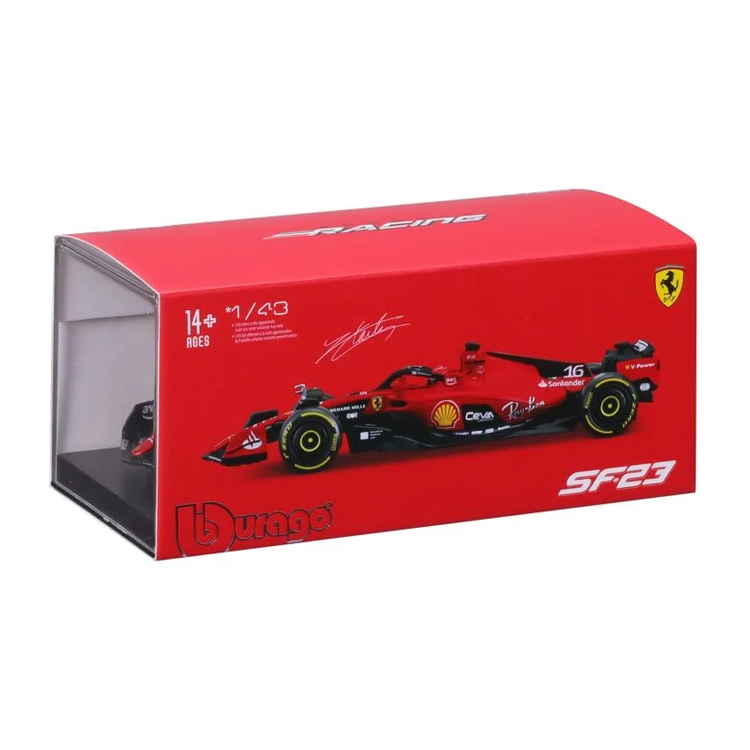Bburago 1:43 scale die-cast Ferrari SF-23 model car with Charles Leclerc design in display box