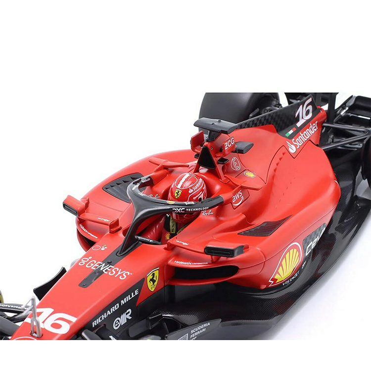Bburago 1:43 scale die-cast Ferrari SF-23 model featuring Charles Leclerc with authentic helmet details.