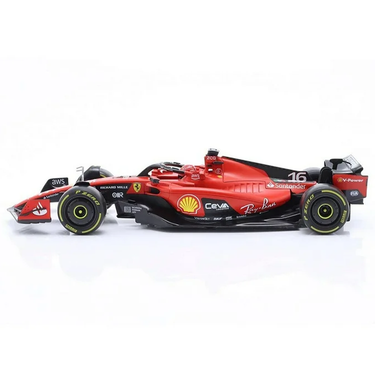 Bburago 1:43 scale die-cast Ferrari SF-23 Formula 1 car with Charles Leclerc #16 and authentic helmet design.