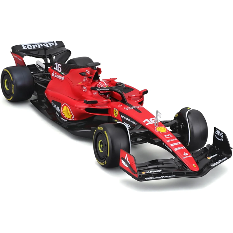 Bburago die-cast 1:43 scale Ferrari SF-23 Charles Leclerc #16 with authentic helmet model car collectible.