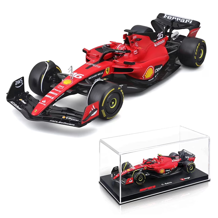 Bburago 1:43 scale die-cast Ferrari SF-23 Formula 1 car with Charles Leclerc figure and display case