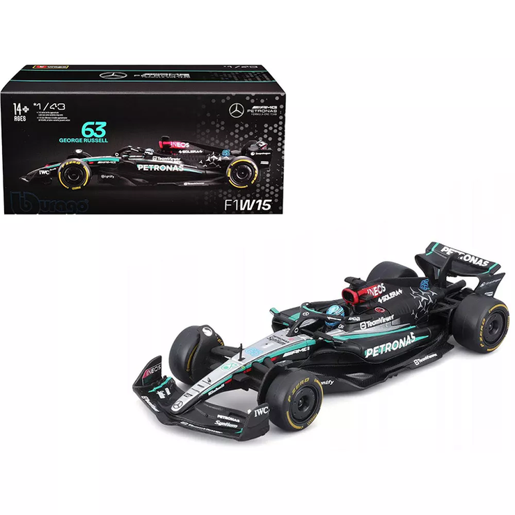 Bburago Formula 1 Mercedes W15 George Russell #63 with Helmet (2024) Die-Cast Metal 1:43 Scale Vehicle