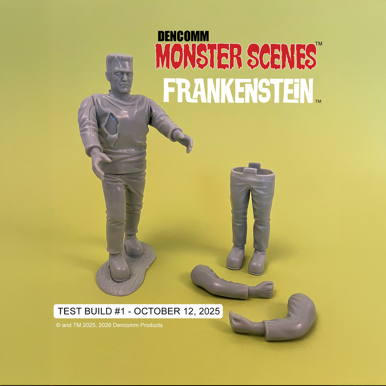 DENCOMM Monster Scenes Frankenstein Limited Edition Model Kit - 55th Anniversary showing test build with parts separated on a yellow background