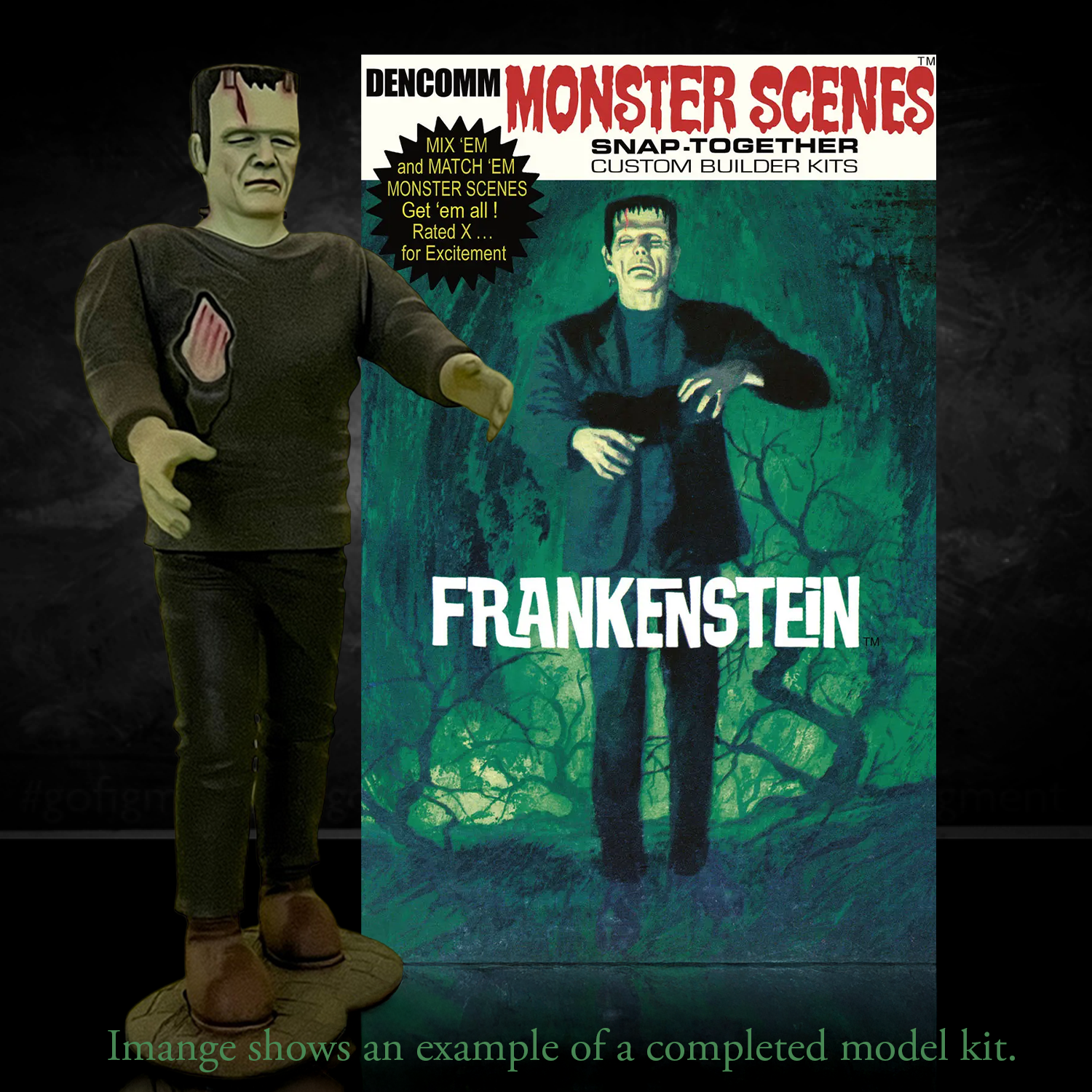 DENCOMM Monster Scenes Frankenstein Limited Edition Model Kit - 55th Anniversary by Monster Scenes displayed with model and box art.