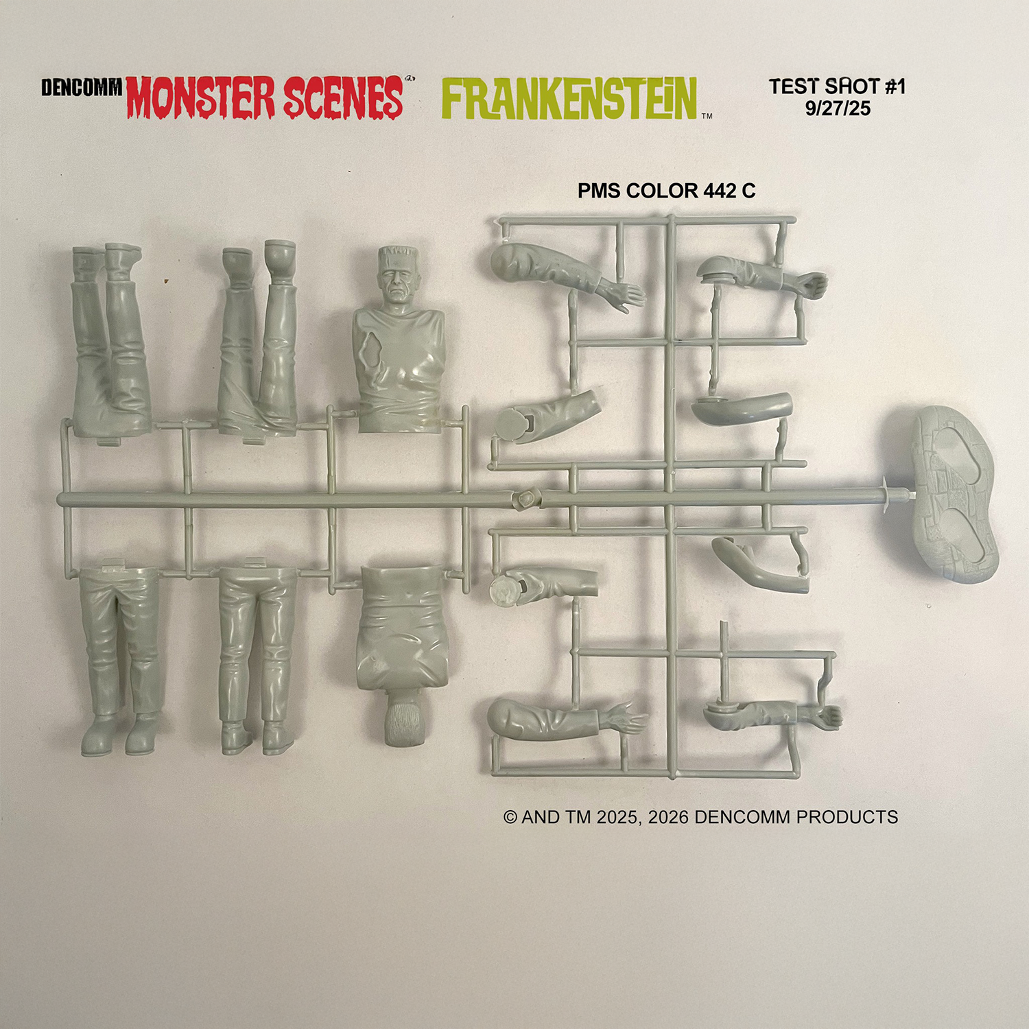 DENCOMM Monster Scenes Frankenstein Limited Edition Model Kit - 55th Anniversary by Monster Scenes unassembled plastic parts on sprue.