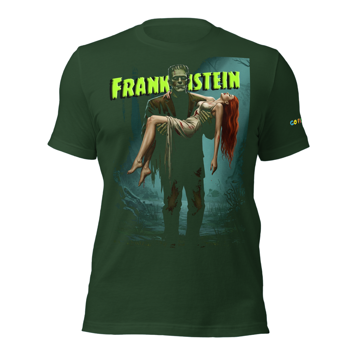 Go Figment dark green t-shirt featuring Frankenstein holding a red-haired woman in eerie forest scene.