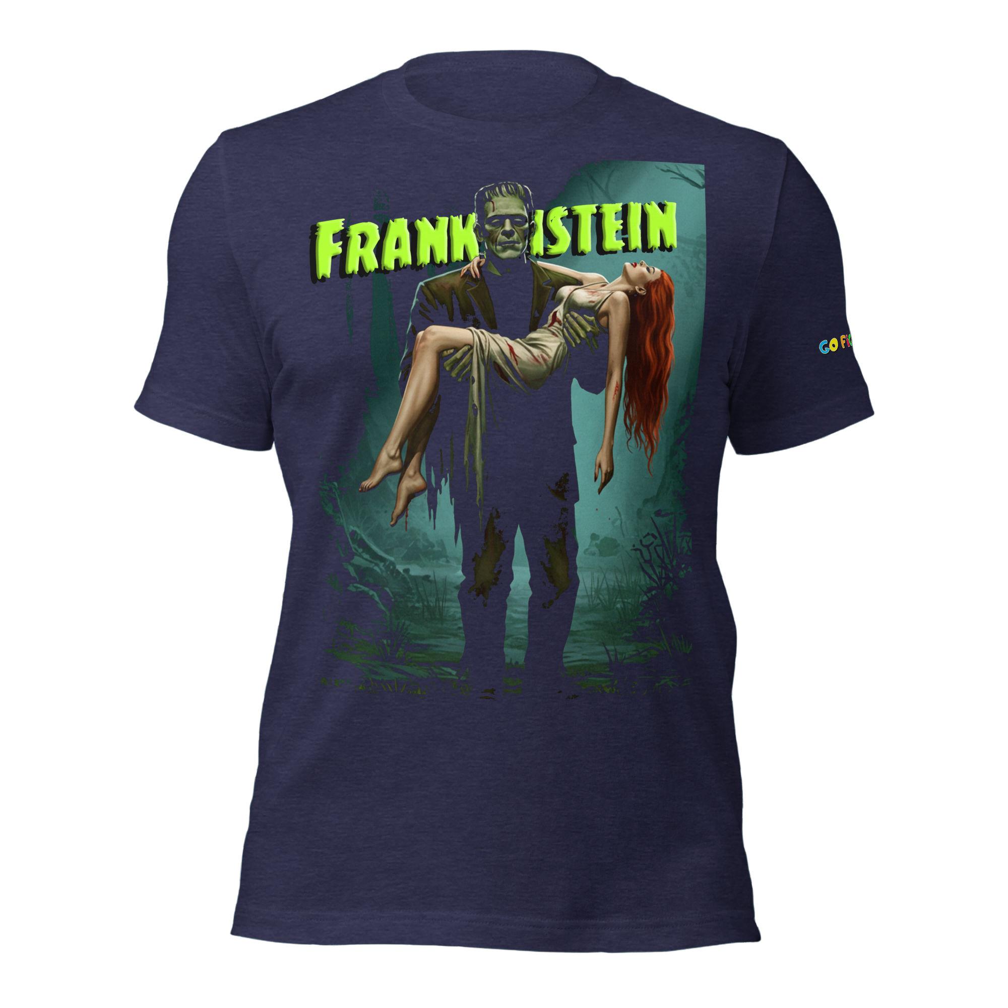 Unisex navy t-shirt featuring Frankenstein holding a flame-haired woman in eerie moonlit woods design.