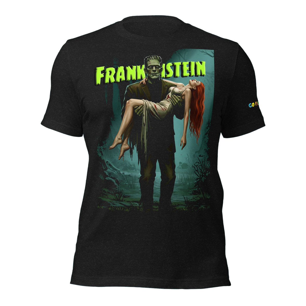 Unisex black t-shirt with Frankenstein holding a woman in a dark forest scene and green glowing text above.