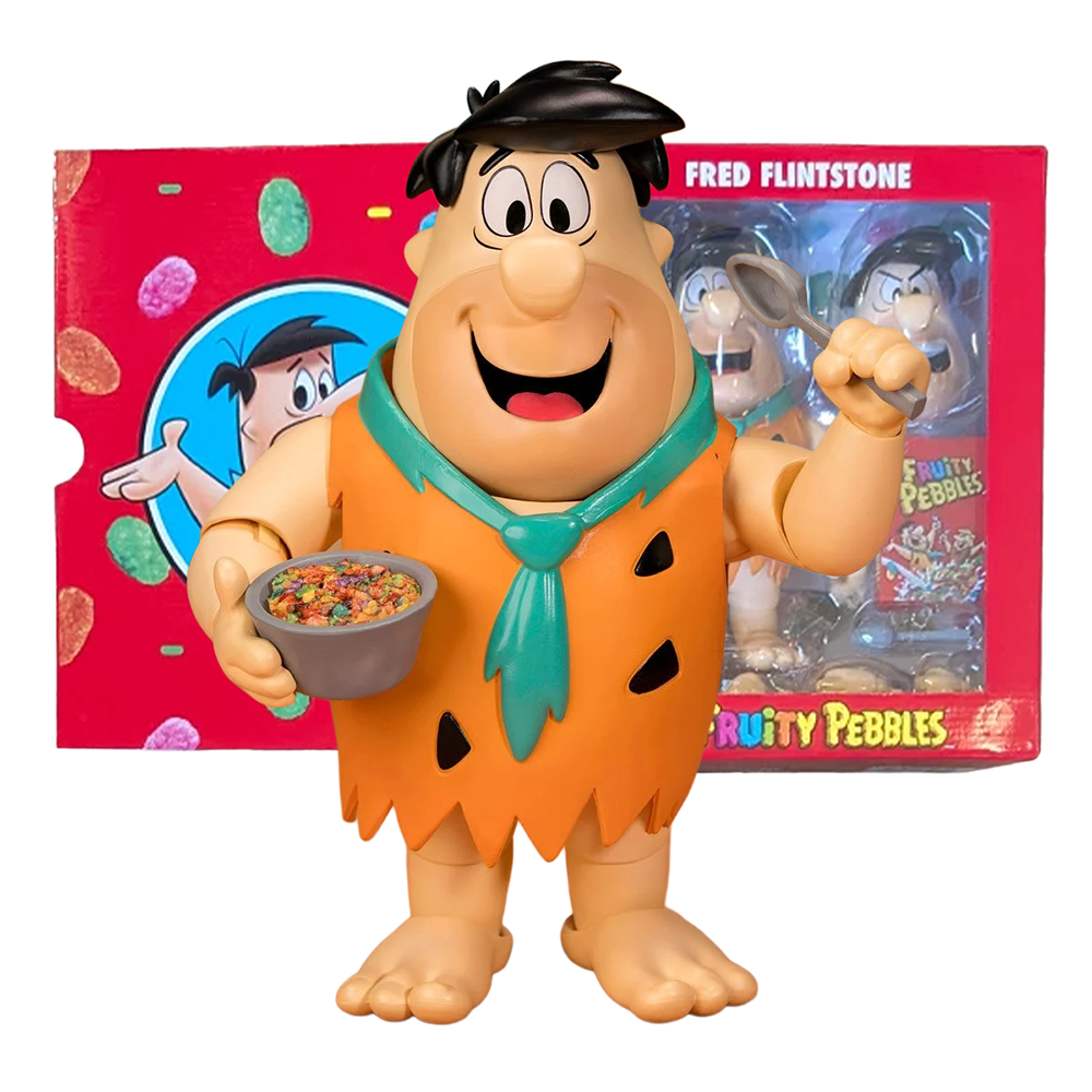 Fred Flintstone 1:12 Scale Action Figure - Premium Articulated Fruity Pebbles by Jada Toys holding a cereal bowl and spoon