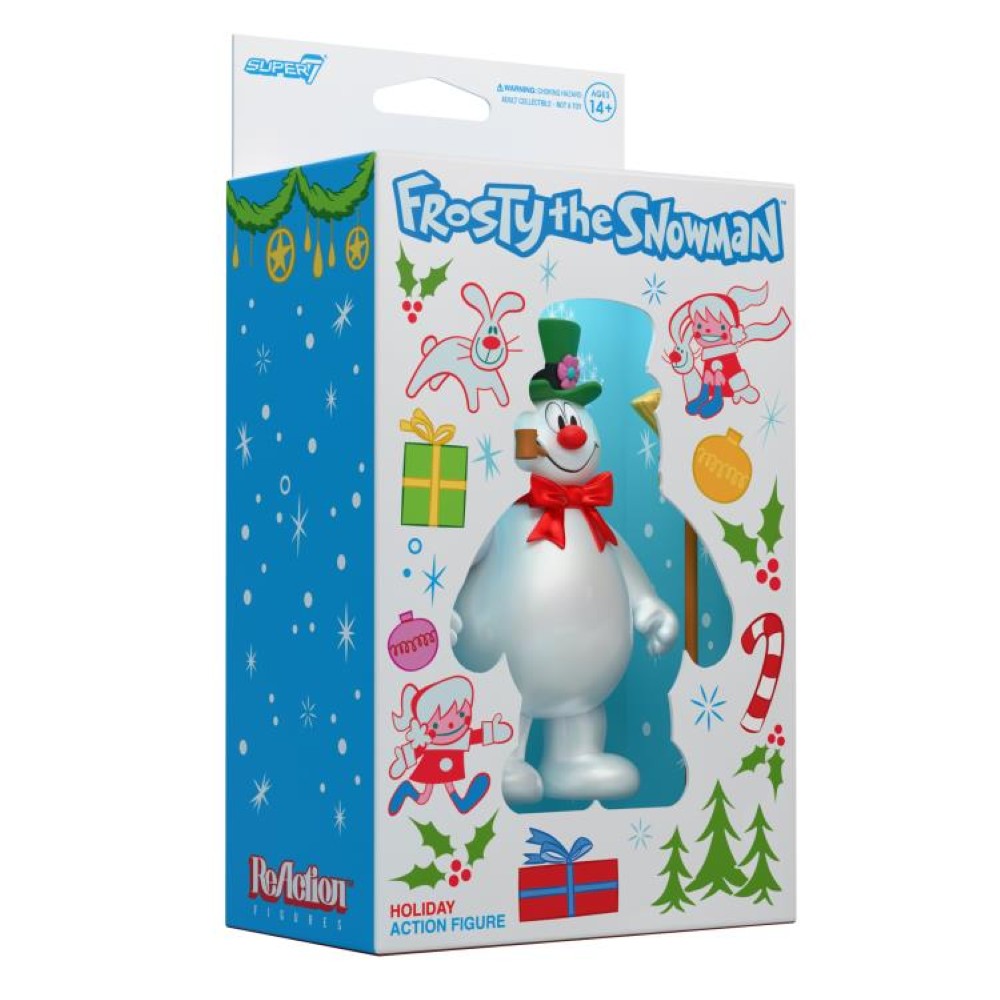 3.75 inch Super7 Frosty the Snowman ReAction figure in candy box inspired packaging with holiday graphics