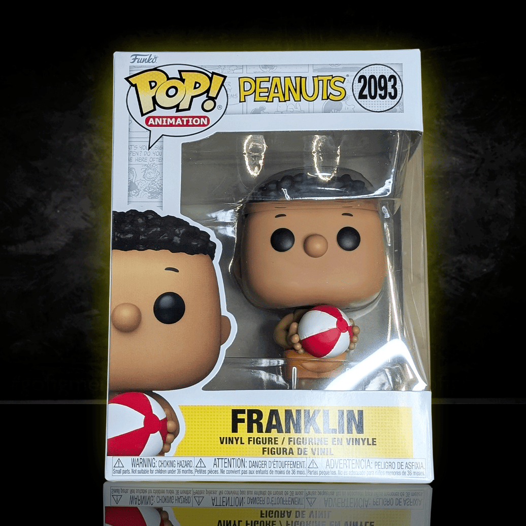 Funko Pop Peanuts Franklin figure #2093 holding a beach ball displayed in original window box packaging