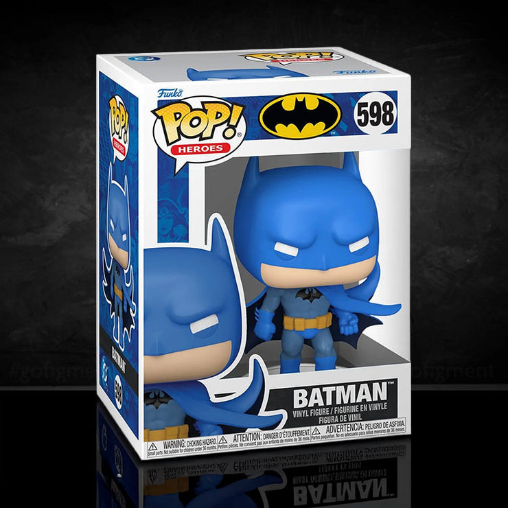 Funko Pop Batman vinyl figure in classic blue and gray costume with cape in window display box.