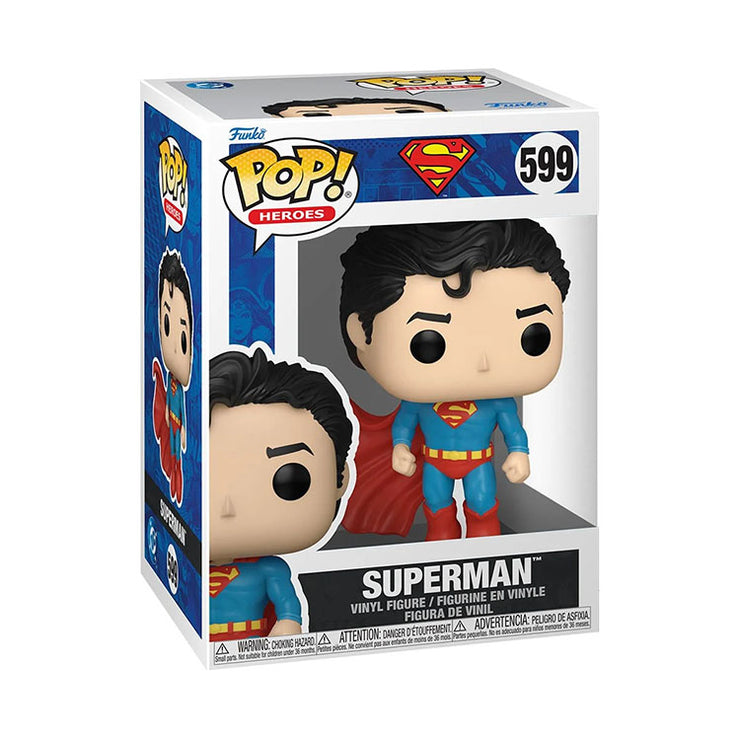 Funko Pop! Superman vinyl figure in box featuring classic costume with cape and iconic S shield design.
