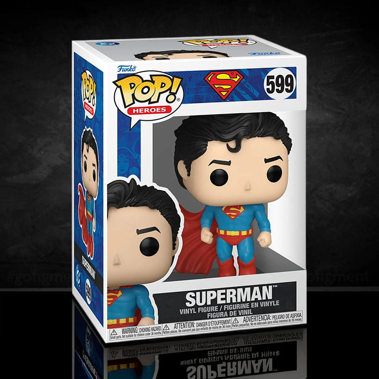 Funko Pop Heroes Superman vinyl figure in classic costume with red cape and iconic S shield in display box