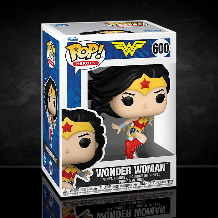Funko Pop! Heroes Wonder Woman vinyl figure #600 in classic costume with tiara and lasso in display box
