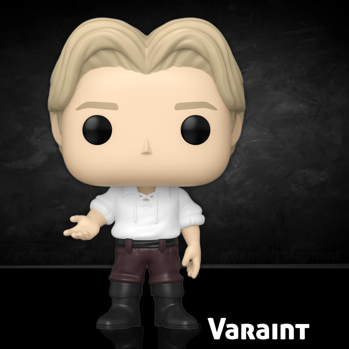 Funko Pop figure of a male character with blonde hair, white shirt, brown pants, and black boots on black background