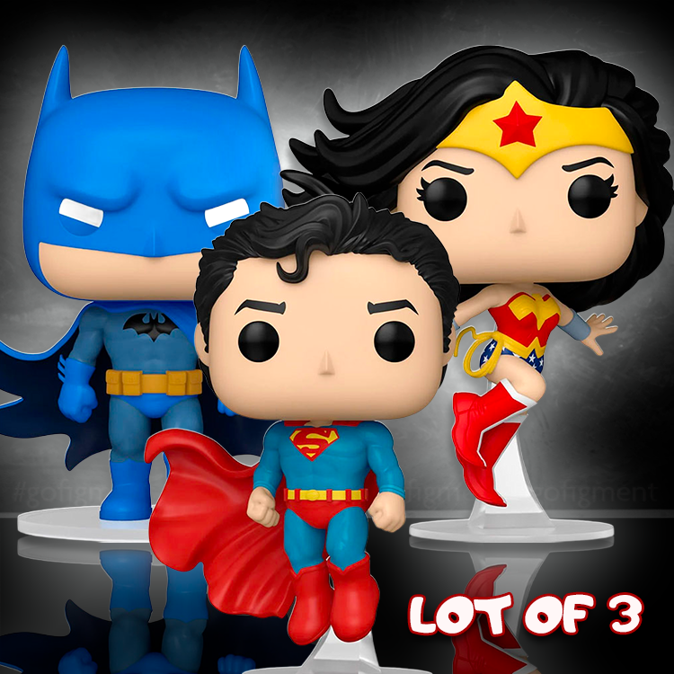 Funko Pop figures of Batman, Superman, and Wonder Woman from DC Comics Classic Superhero collection