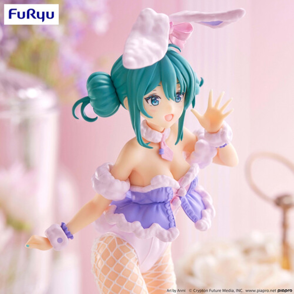Teal-haired anime character in a bunny-themed outfit with fishnet stockings and one hand raised