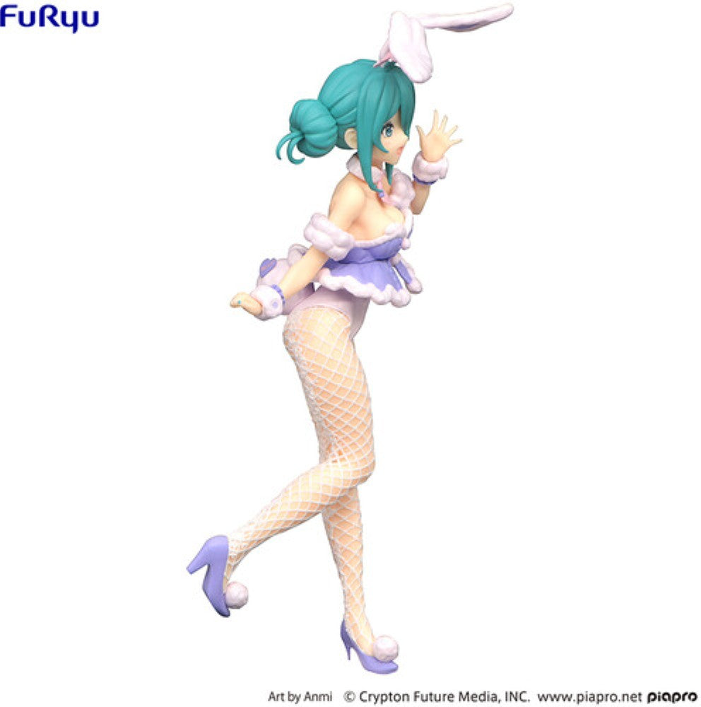 Teal-haired anime bunny girl figure wearing a purple outfit, white bunny ears, and fishnet stockings