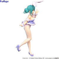 Teal-haired anime bunny girl figure wearing a purple outfit, white bunny ears, and fishnet stockings